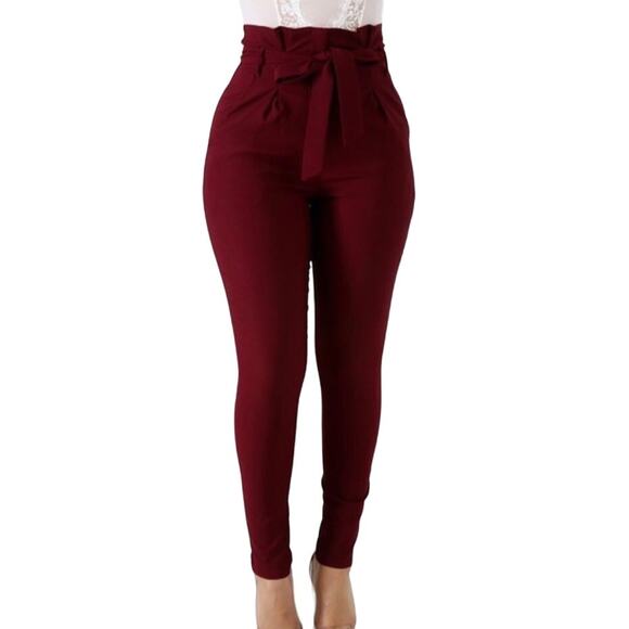 Windsor Pants - Windsor L Maroon Pleated Paperbag High Rise Slim Skinny Leg Trouser Pants